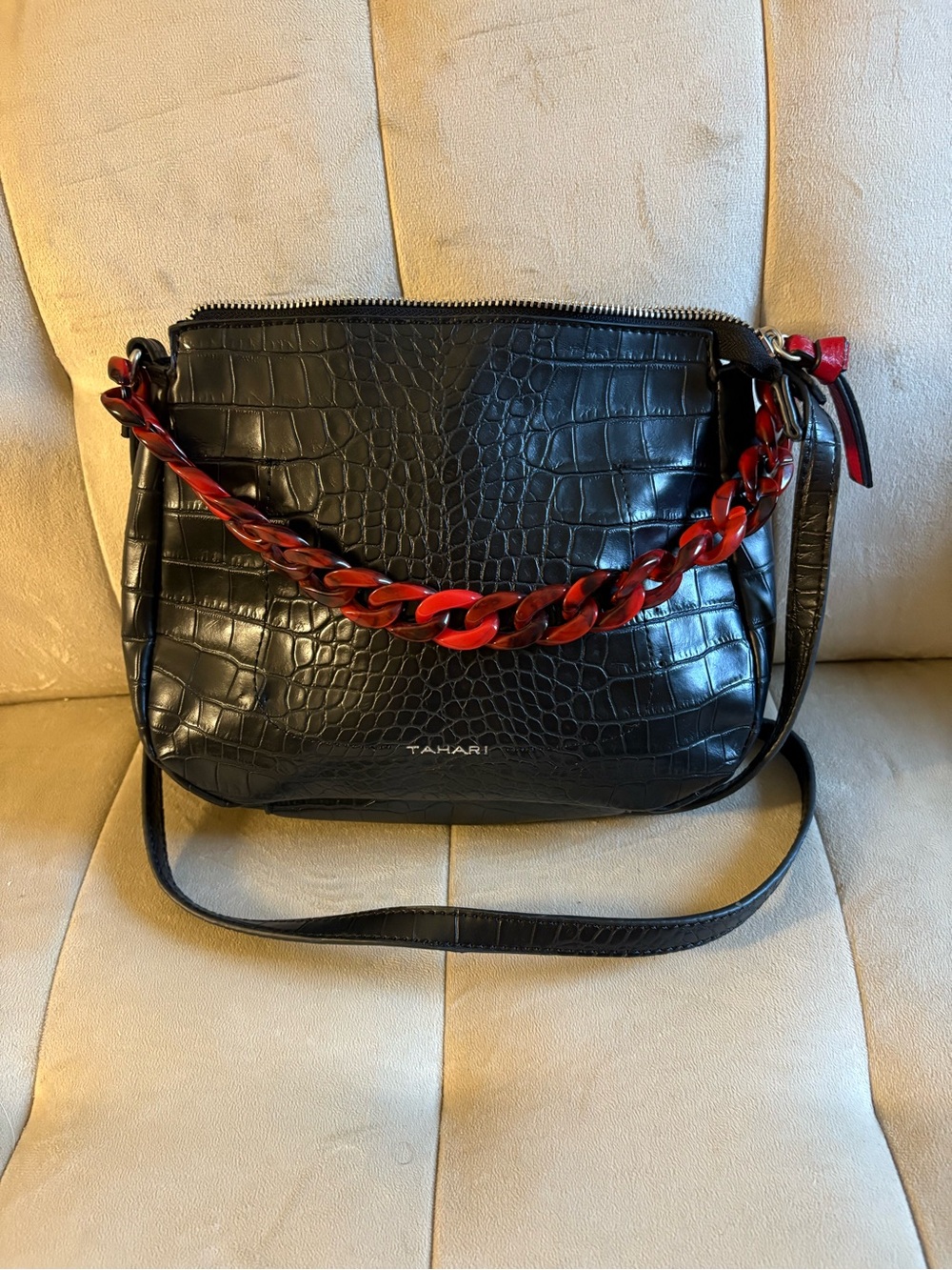 Tahari Black Croc-Embossed Crossbody with Red Chain Detail
